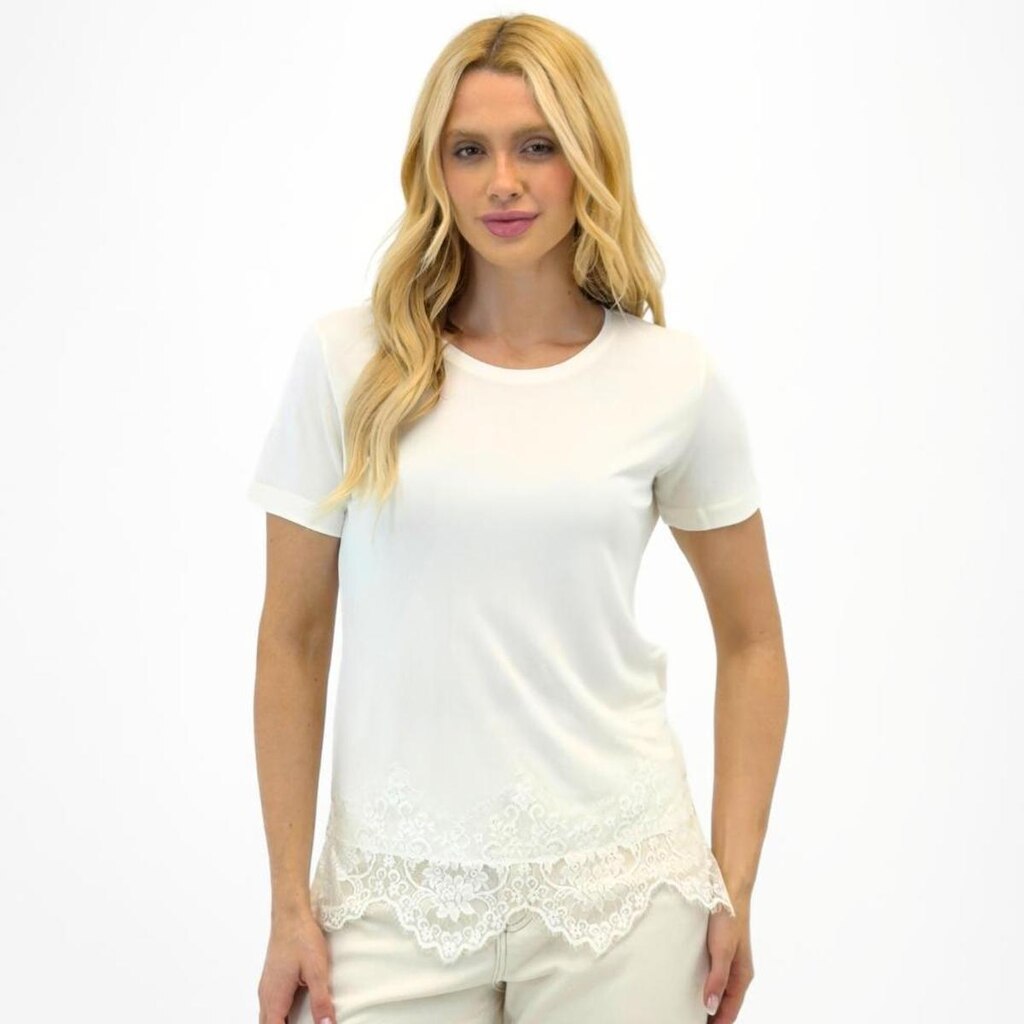Blusa Anemone com Renda Manga Curta Gola Redonda Feminina