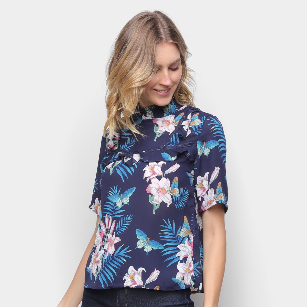 Blusa Angel City Floral Babado Manga Curta Feminina - Marinho Menor preço em Blusa Angel City Floral Babado Manga Curta Feminina - Marinho