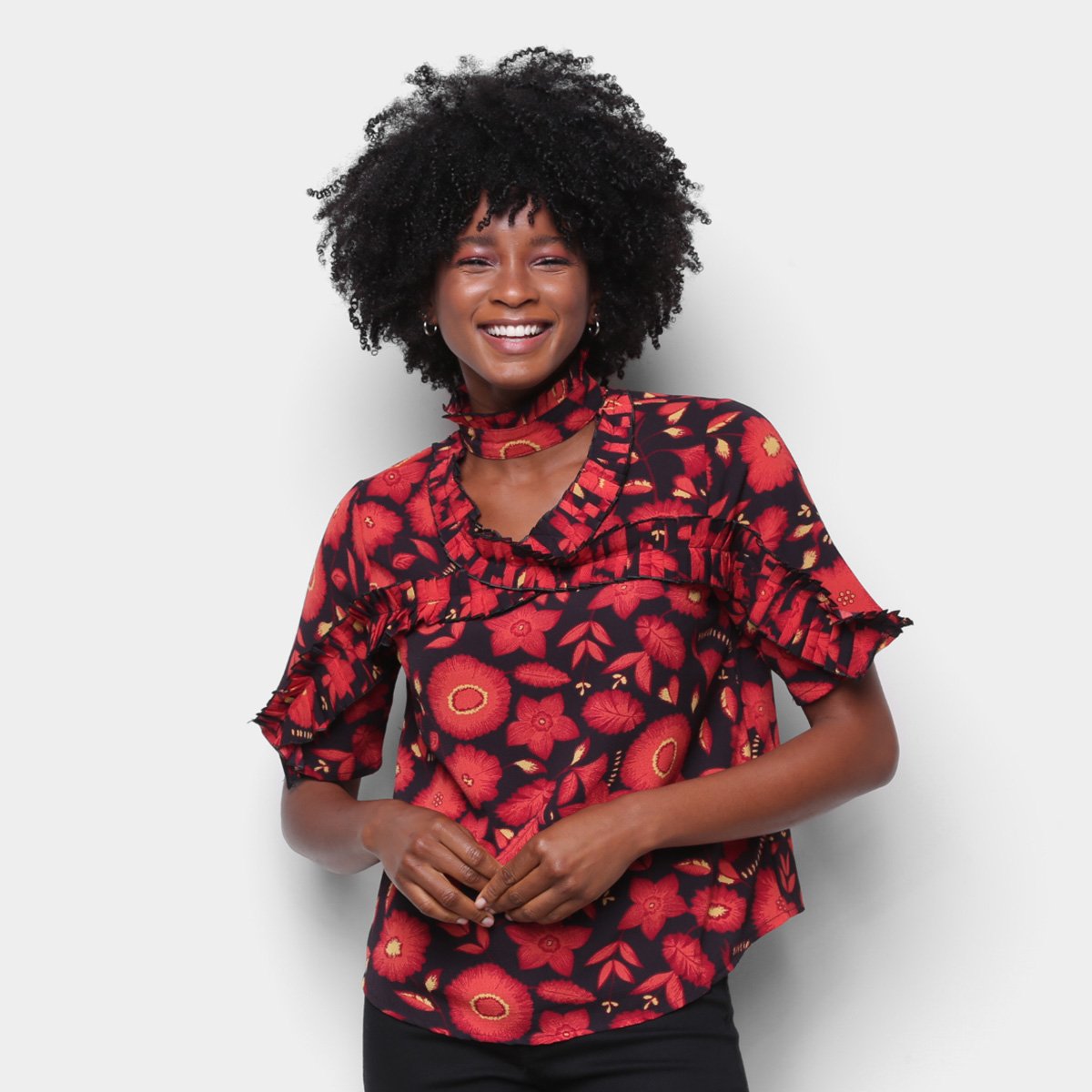 Blusa Angel City Floral Babados Feminina - Preto Menor preço em Blusa Angel City Floral Babados Feminina - Preto