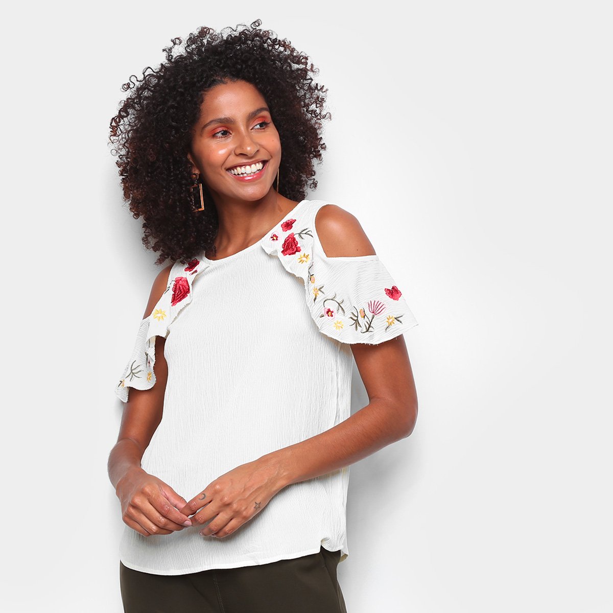 Blusa Angel City Open Shoulder Bordada Feminina - Bege Menor preço em Blusa Angel City Open Shoulder Bordada Feminina - Bege