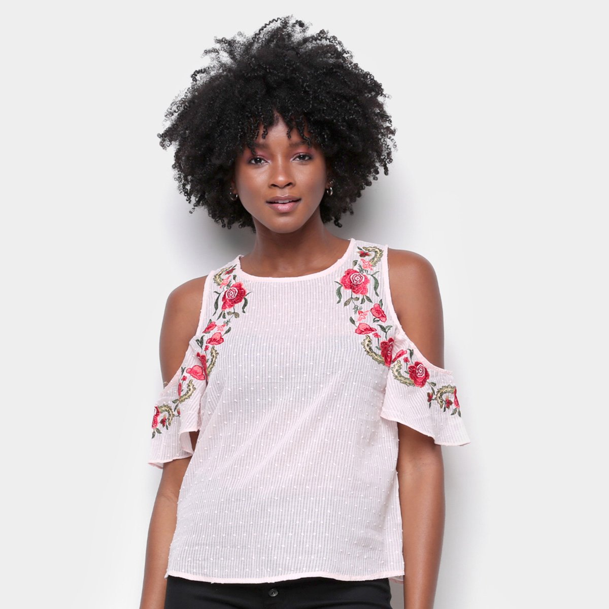 Blusa Angel City Open Shoulder Bordada Feminina - Rosa Menor preço em Blusa Angel City Open Shoulder Bordada Feminina - Rosa