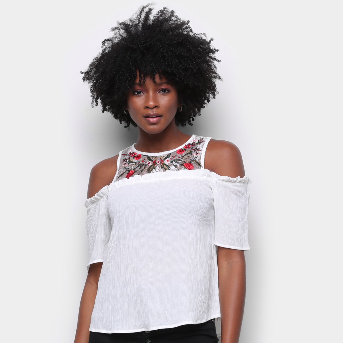 Blusa Angel City Open Shoulder Tule Flores Feminina - Branco Menor preço em Blusa Angel City Open Shoulder Tule Flores Feminina - Branco