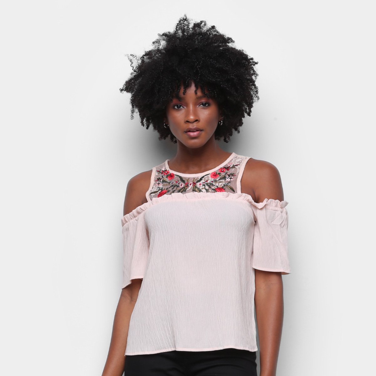 Blusa Angel City Open Shoulder Tule Flores Feminina - Rosa Menor preço em Blusa Angel City Open Shoulder Tule Flores Feminina - Rosa
