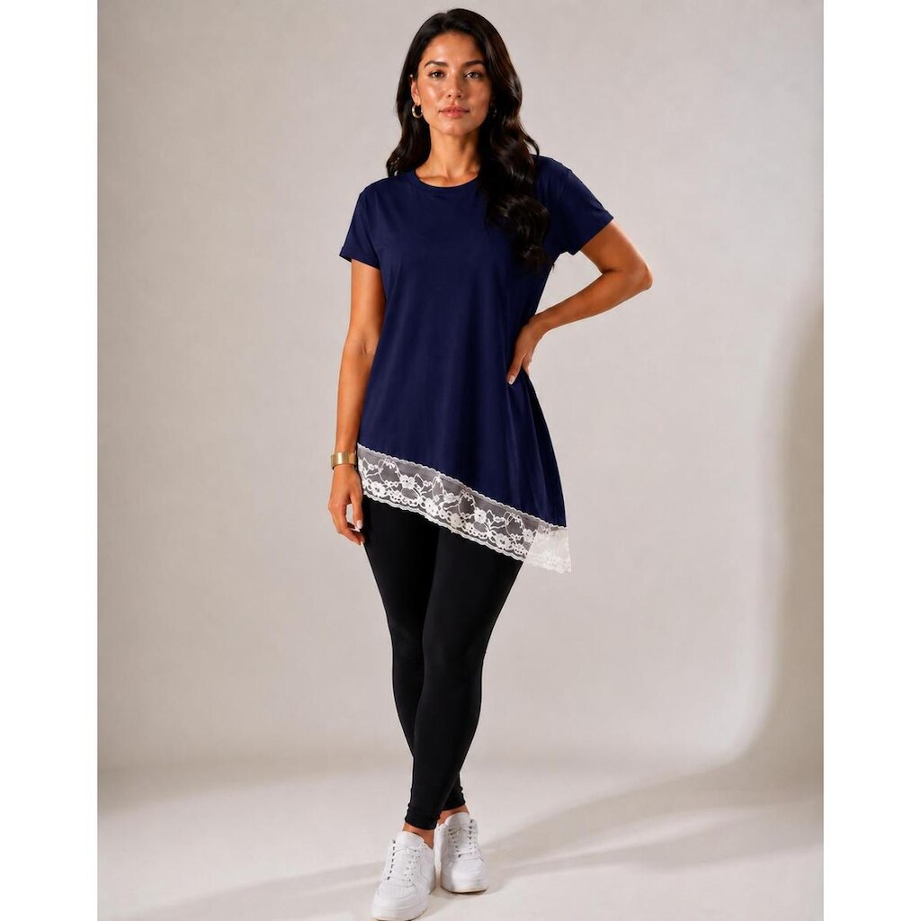 Blusa Assimétrica Feminina com Renda Azul Marinho