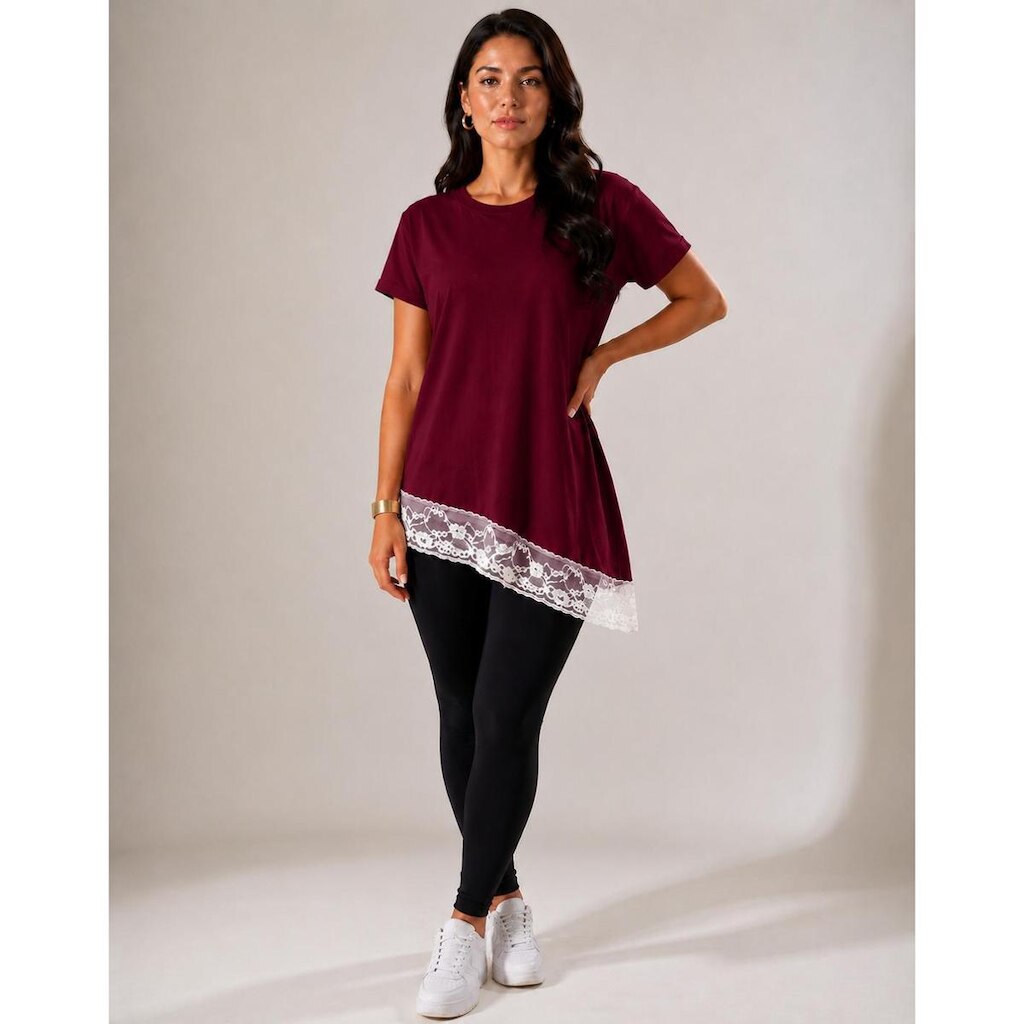 Blusa Assimétrica Feminina com Renda Bordô