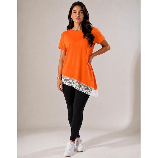 Blusa Assimétrica Feminina com Renda Laranja