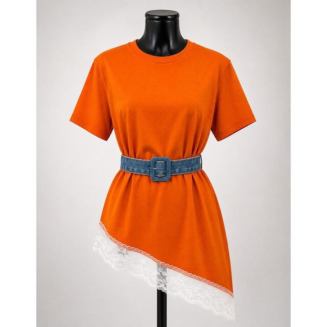 Blusa Assimétrica Feminina com Renda Laranja