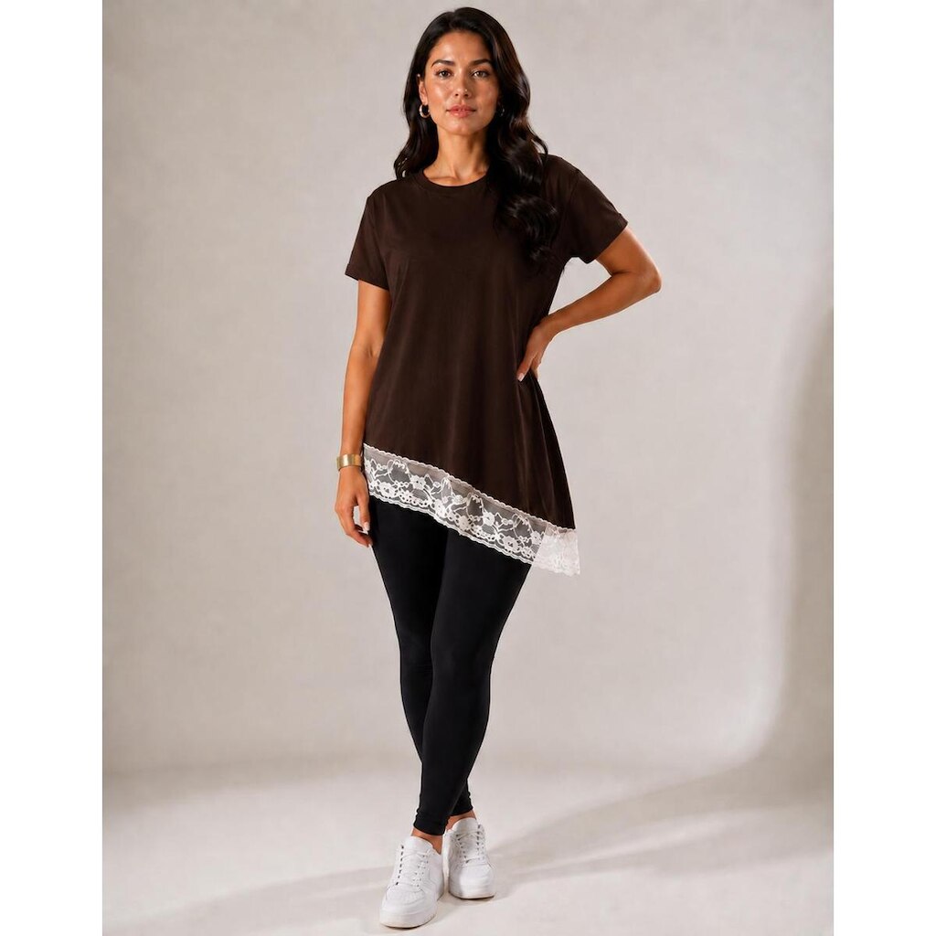Blusa Assimétrica Feminina com Renda Marrom