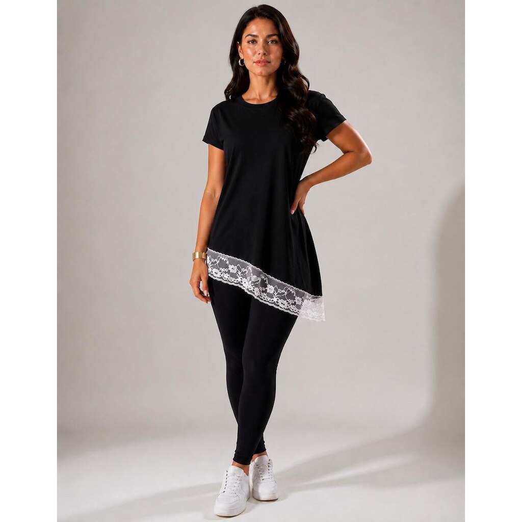 Blusa Assimétrica Feminina com Renda Preta