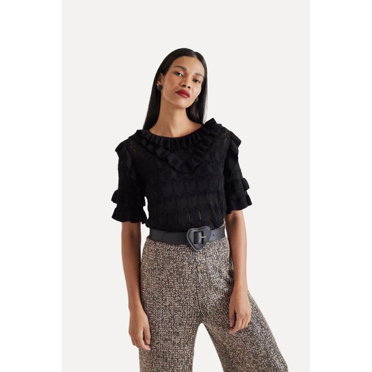 BLUSA BABADOS TRICOT EVA - Preto