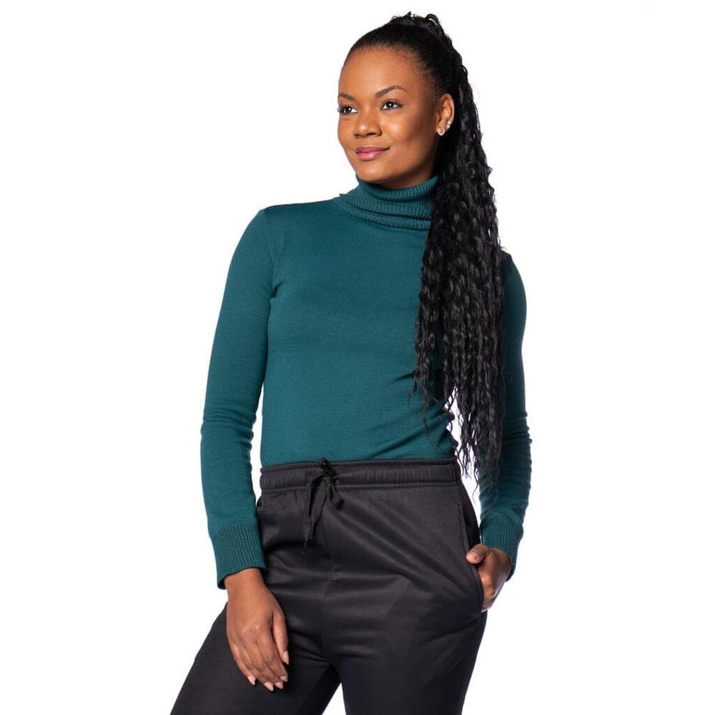 Blusa Básica Feminina Oliveira Malhas Tricot Gola Alta Petroleo