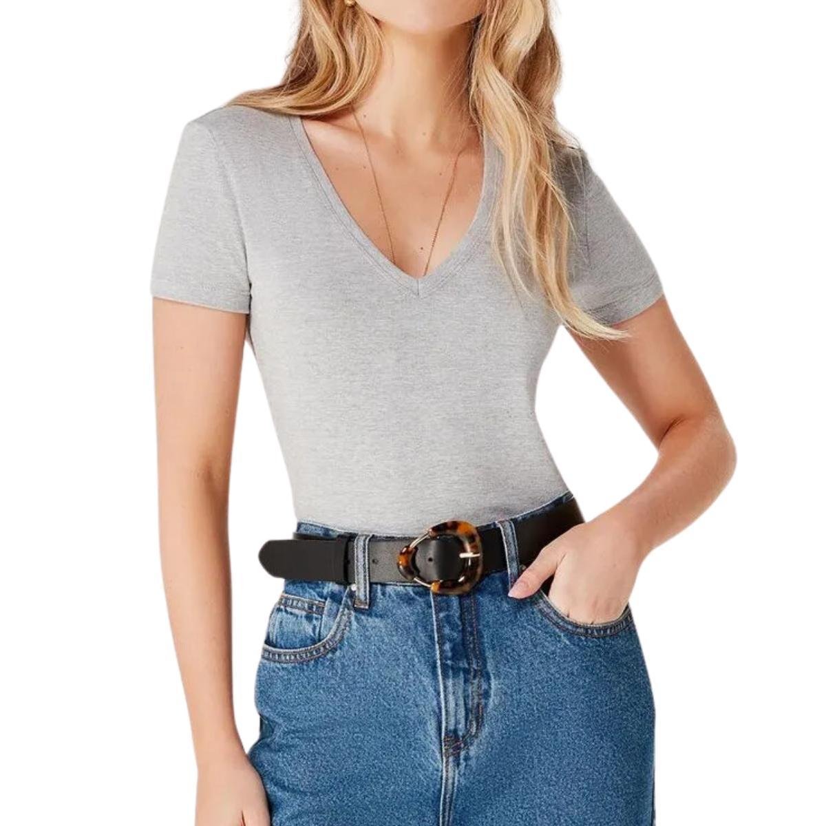 Blusa Básica Feminina Slim Decote V - Laranja XG Menor preço em Blusa Básica Feminina Slim Decote V - Laranja XG