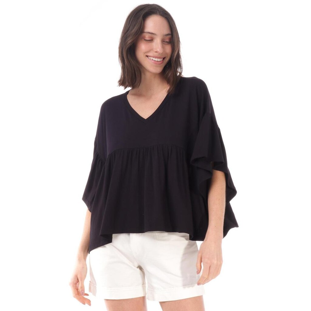 Blusa Bata Babado Malha Preta - Único - Veste 38 ao 48