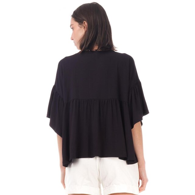 Blusa Bata Babado Malha Preta - Único - Veste 38 ao 48