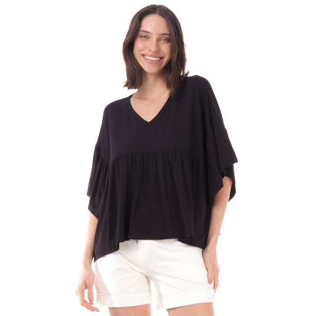 Blusa Bata Babado Malha Preta - Único - Veste 38 ao 48
