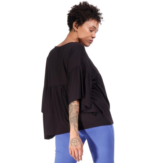 Blusa Bata Babado Malha Preta - Único - Veste 38 ao 48