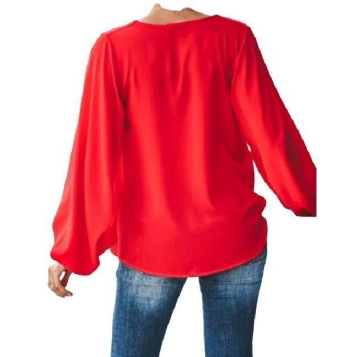 Blusa Bata Manga Longa Bufante Lisa Com Decote Em V Menor preço em Blusa Bata Manga Longa Bufante Lisa Com Decote Em V