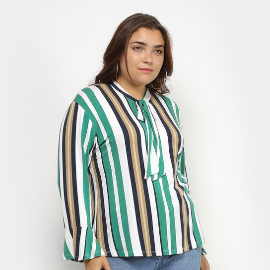 Blusa Blomma Plus Size Laço Manga Flare Feminina - Listrado