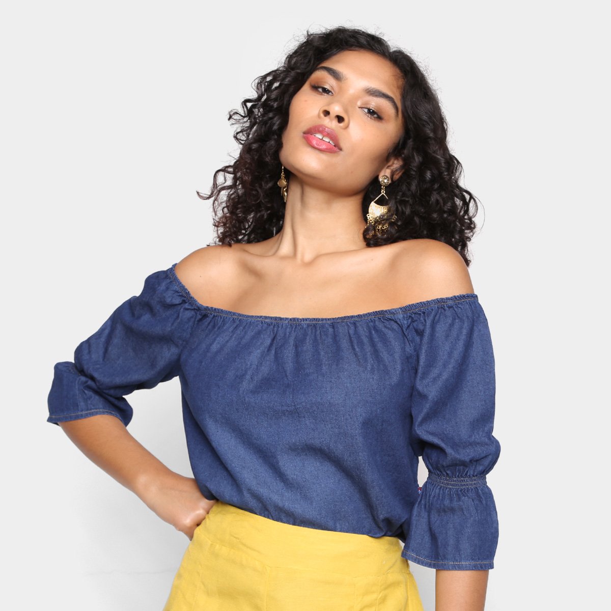 Blusa Cambos Bardot Ombro A Ombro Manga 3/4 Feminina - Azul Menor preço em Blusa Cambos Bardot Ombro A Ombro Manga 3/4 Feminina - Azul