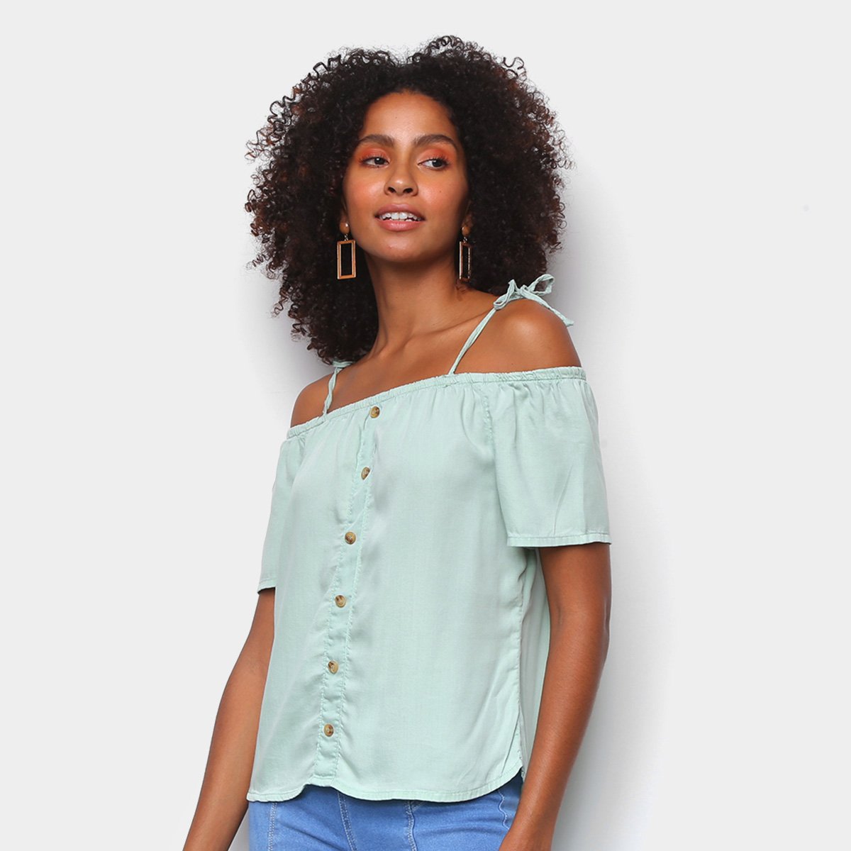 Blusa Cambos Bata Ombro A Ombro Botões Feminina Menor preço em Blusa Cambos Bata Ombro A Ombro Botões Feminina