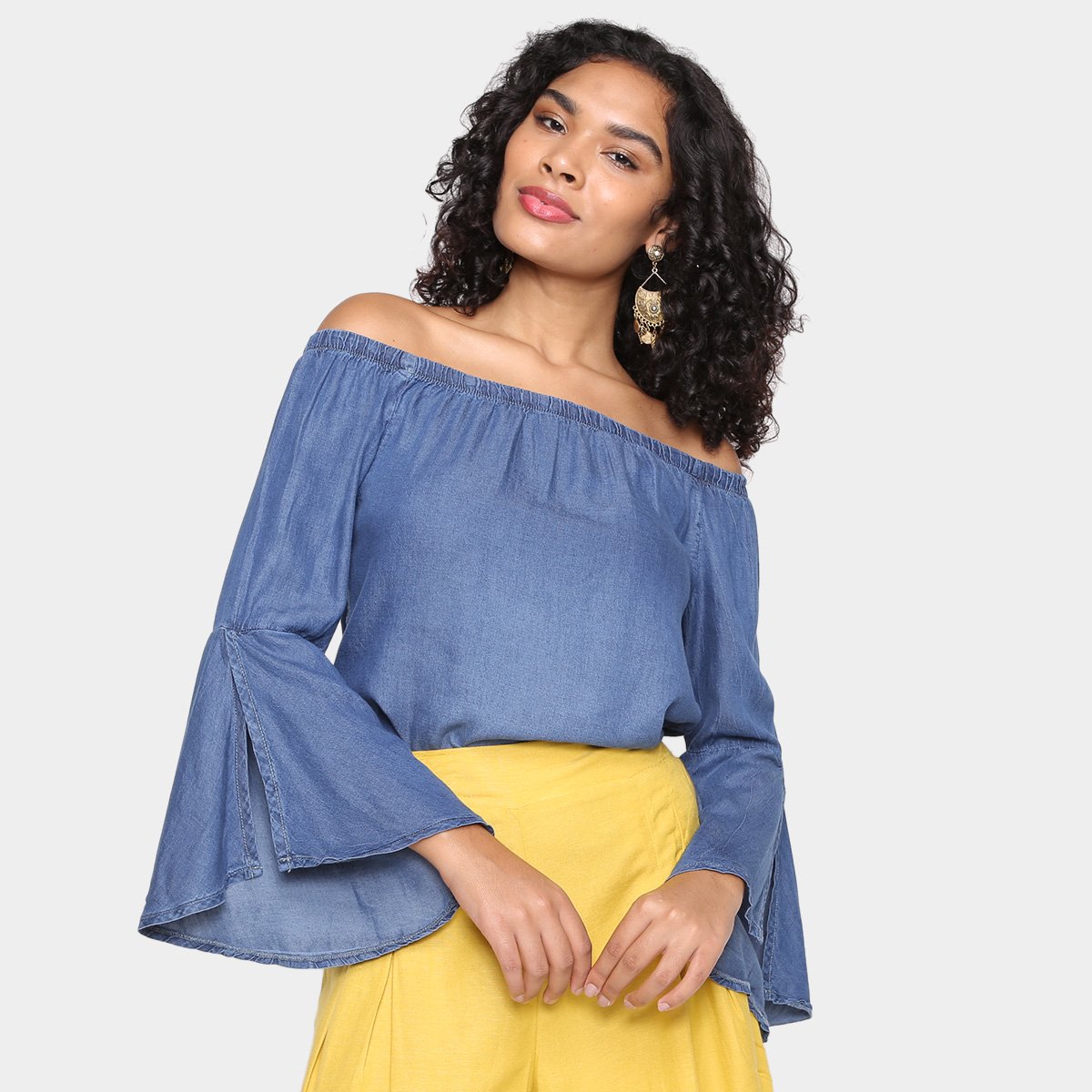 Blusa Cambos Manga Longa Flare Bardot Feminina - Azul Menor preço em Blusa Cambos Manga Longa Flare Bardot Feminina - Azul