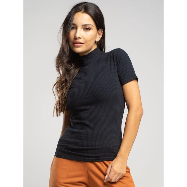 Blusa Canelada Gola Alta Manga Curta Moda Feminina Casual