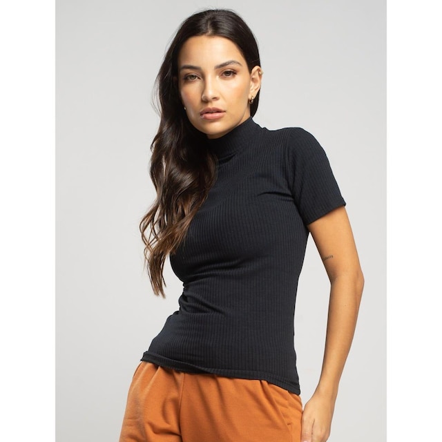 Blusa Canelada Gola Alta Manga Curta Moda Feminina Casual