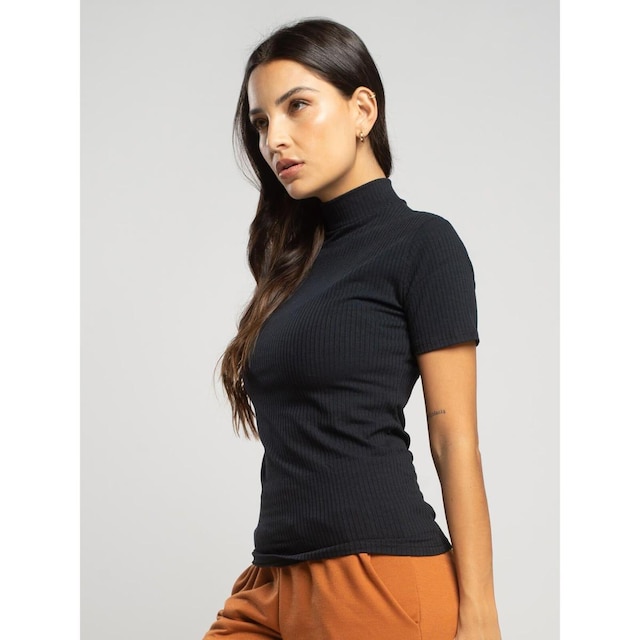 Blusa Canelada Gola Alta Manga Curta Moda Feminina Casual