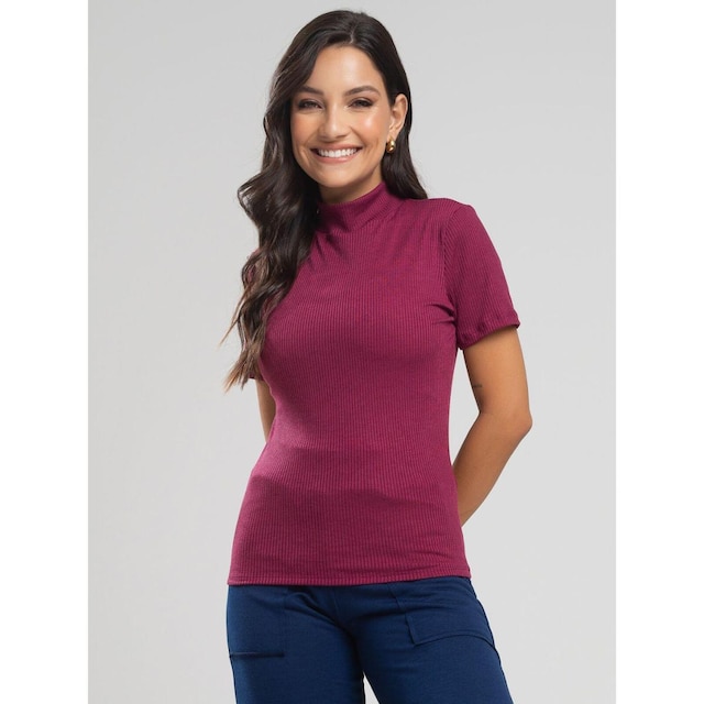 Blusa Canelada Gola Alta Manga Curta Moda Feminina Casual