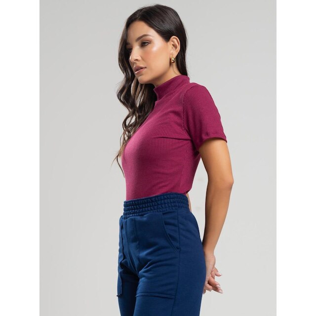 Blusa Canelada Gola Alta Manga Curta Moda Feminina Casual