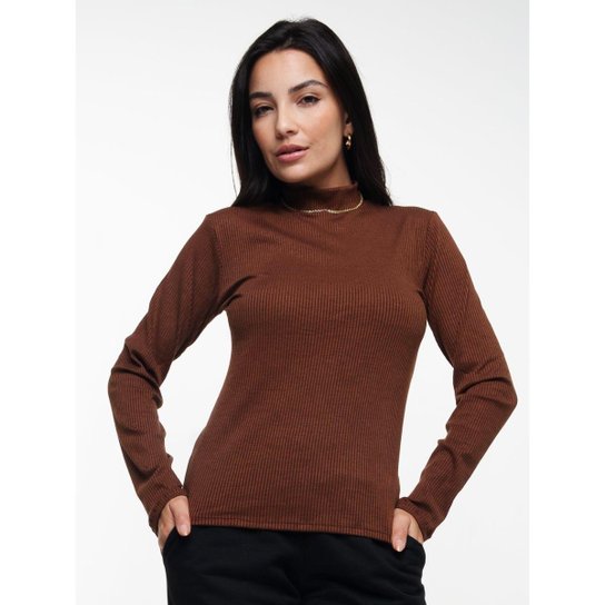 Blusa Canelada Gola Alta Manga Longa Feminina Casual