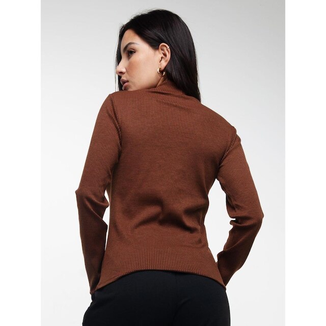 Blusa Canelada Gola Alta Manga Longa Feminina Casual