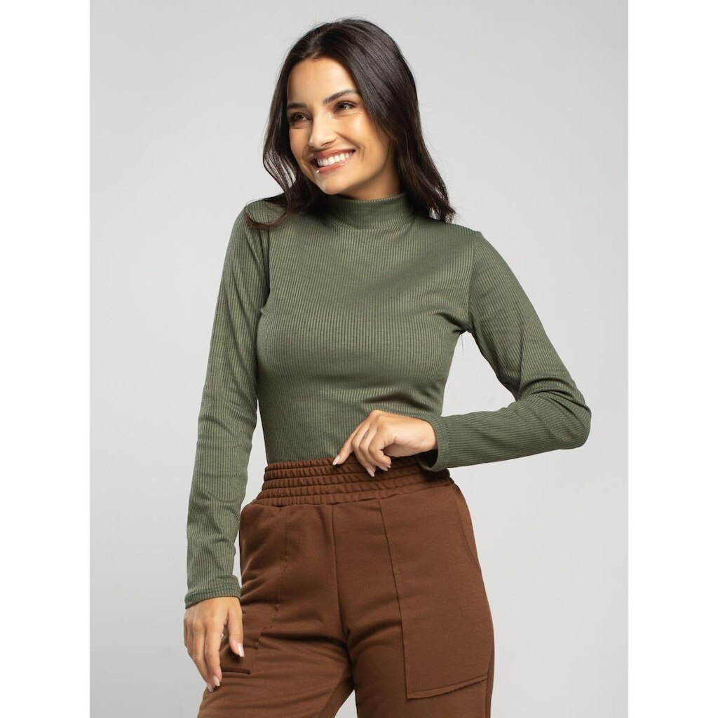 Blusa Canelada Gola Alta Manga Longa Feminina Casual