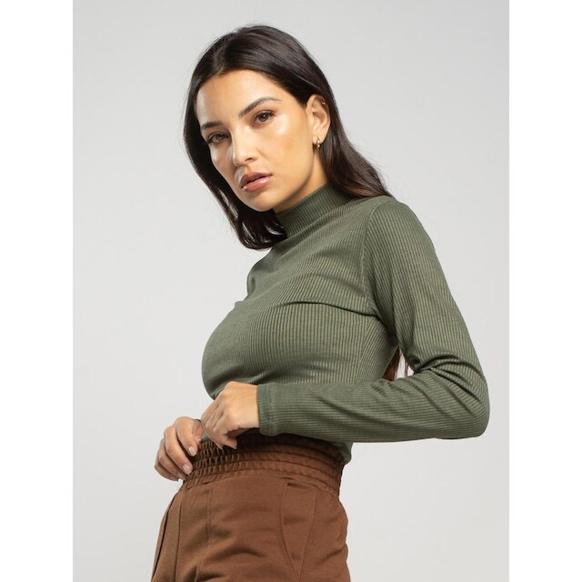 Blusa Canelada Gola Alta Manga Longa Feminina Casual