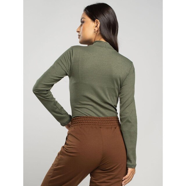 Blusa Canelada Gola Alta Manga Longa Feminina Casual