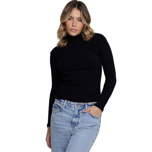 Blusa Canelada Gola Alta Serra e Mar Modas Manga Longa Blogueira Moda Casual