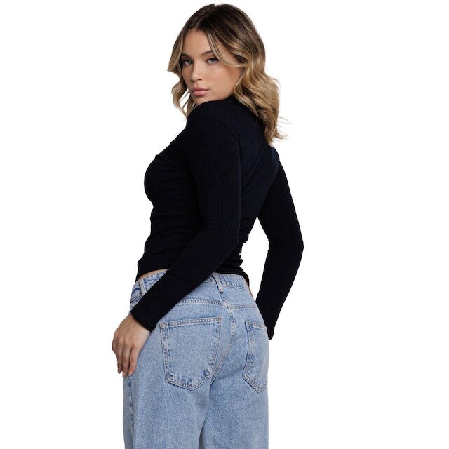 Blusa Canelada Gola Alta Serra e Mar Modas Manga Longa Blogueira Moda Casual