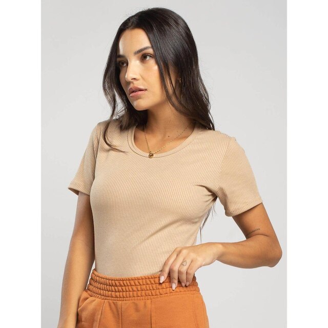 Blusa Canelada Manga Curta Feminina Moda Casual