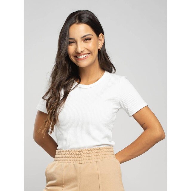 Blusa Canelada Manga Curta Feminina Moda Casual