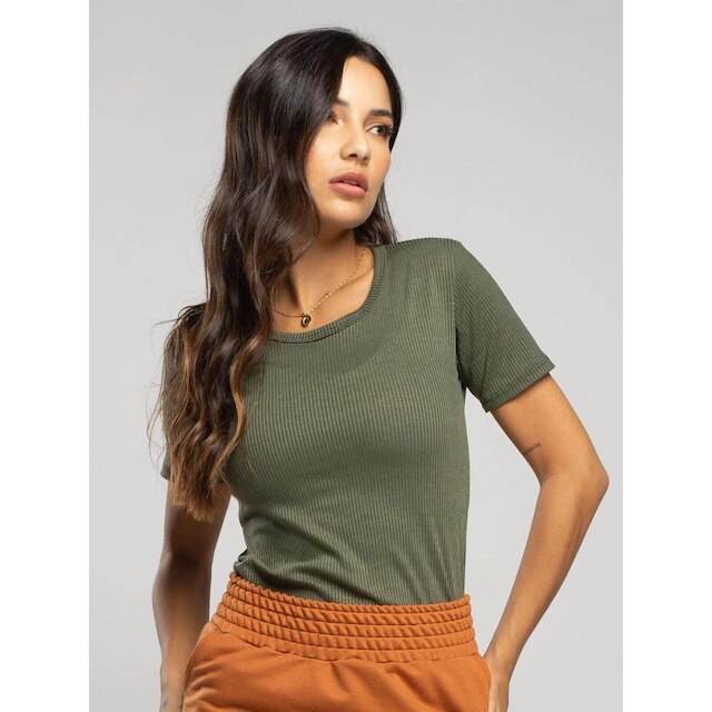 Blusa Canelada Manga Curta Feminina Moda Casual