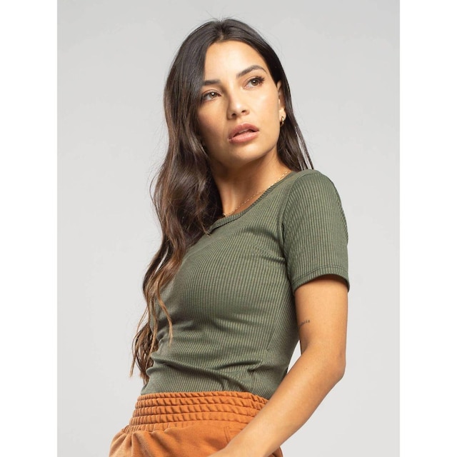Blusa Canelada Manga Curta Feminina Moda Casual