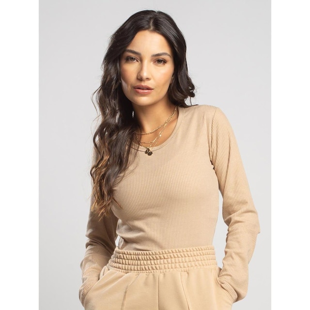 Blusa Canelada Manga Longa Feminina Casual