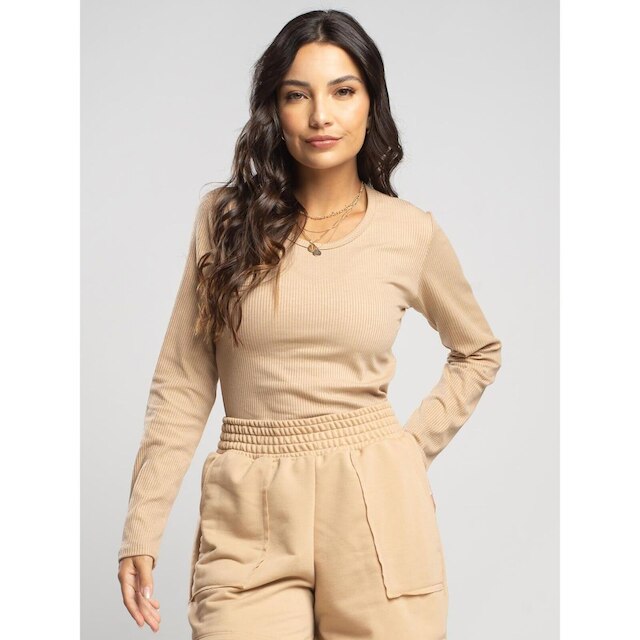 Blusa Canelada Manga Longa Feminina Casual