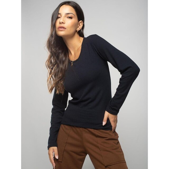 Blusa Canelada Manga Longa Feminina Casual