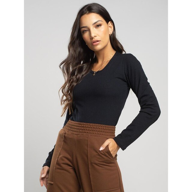 Blusa Canelada Manga Longa Feminina Casual