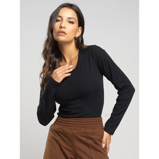 Blusa Canelada Manga Longa Feminina Casual