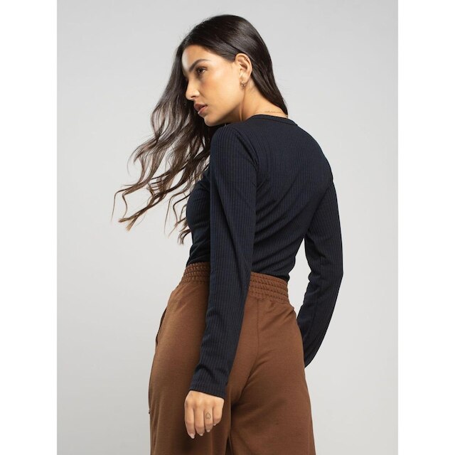 Blusa Canelada Manga Longa Feminina Casual