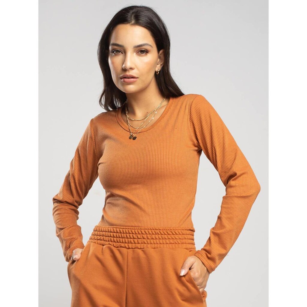Blusa Canelada Manga Longa Feminina Casual