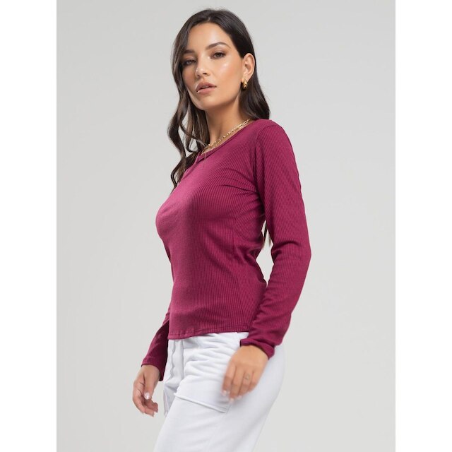 Blusa Canelada Manga Longa Feminina Casual