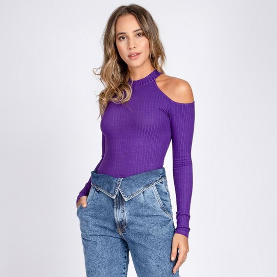 Blusa Canelado Ombros Vazados Cor Amora - Roxo